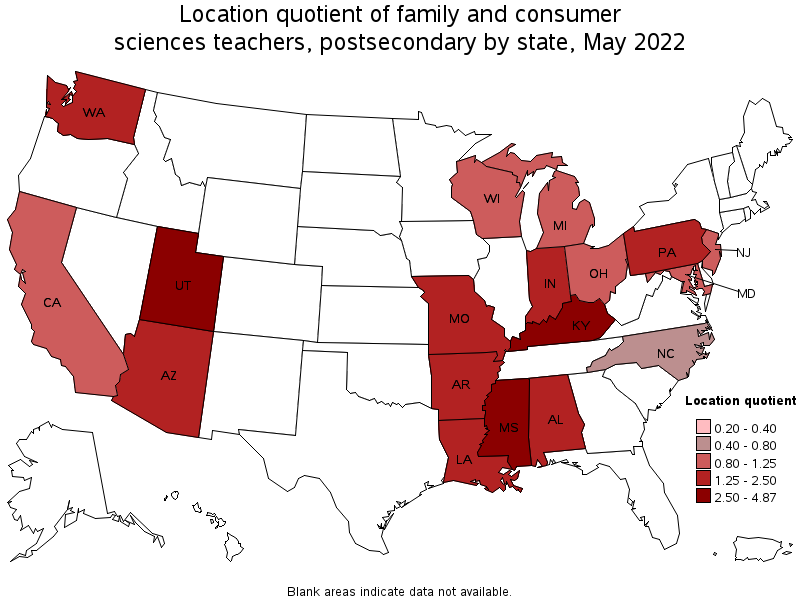 Map of location quotient of family and consumer sciences teachers, postsecondary by state, May 2022