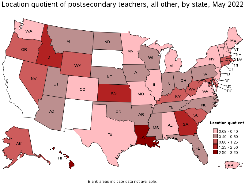 Map of location quotient of postsecondary teachers, all other by state, May 2022