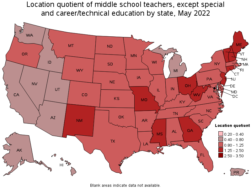 Map of location quotient of middle school teachers, except special and career/technical education by state, May 2022