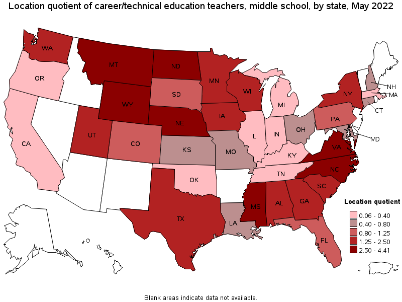 Map of location quotient of career/technical education teachers, middle school by state, May 2022