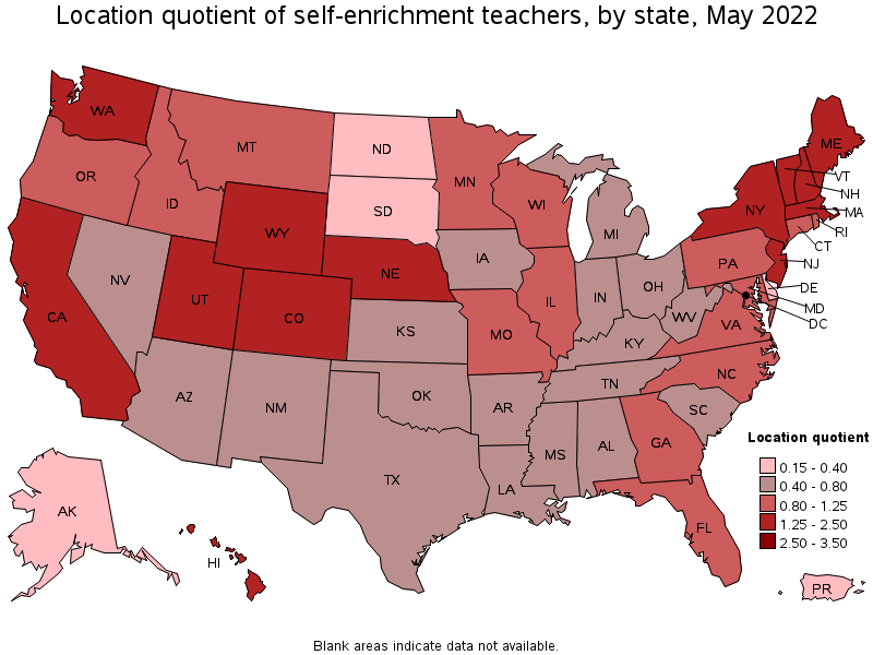 Map of location quotient of self-enrichment teachers by state, May 2022