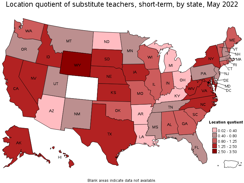 Map of location quotient of substitute teachers, short-term by state, May 2022