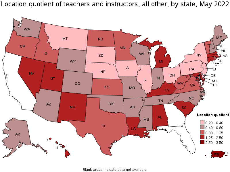 Map of location quotient of teachers and instructors, all other by state, May 2022