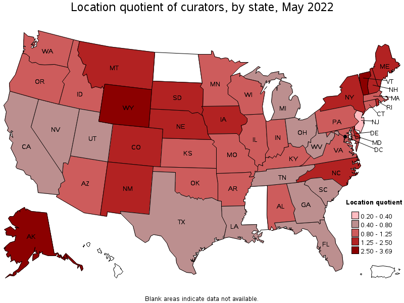 Map of location quotient of curators by state, May 2022