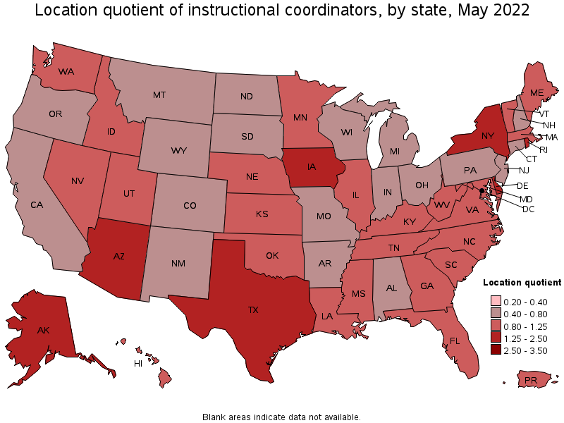 Map of location quotient of instructional coordinators by state, May 2022