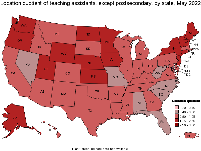 Map of location quotient of teaching assistants, except postsecondary by state, May 2022