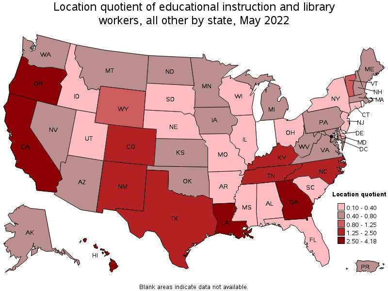 Map of location quotient of educational instruction and library workers, all other by state, May 2022