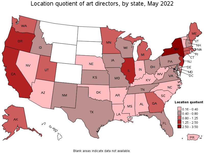 Map of location quotient of art directors by state, May 2022