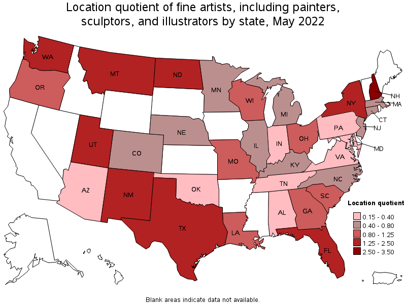 Map of location quotient of fine artists, including painters, sculptors, and illustrators by state, May 2022