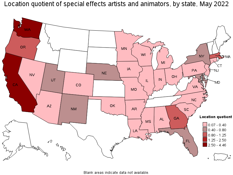 Map of location quotient of special effects artists and animators by state, May 2022