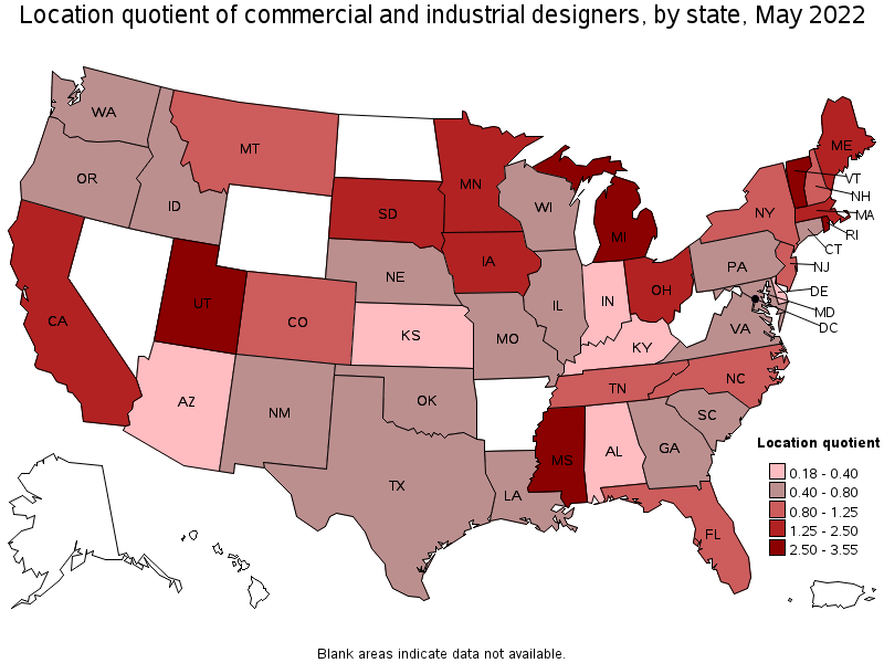 Map of location quotient of commercial and industrial designers by state, May 2022