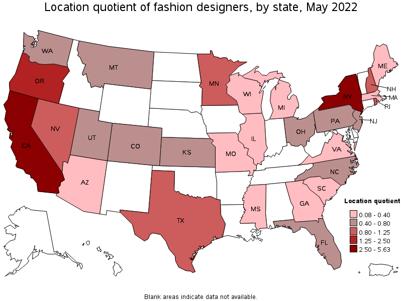 Map of location quotient of fashion designers by state, May 2022