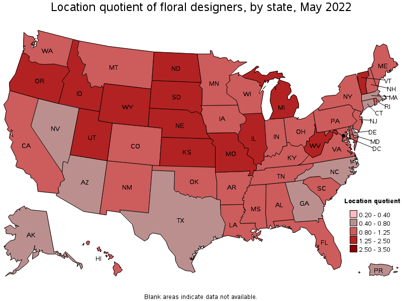 Map of location quotient of floral designers by state, May 2022