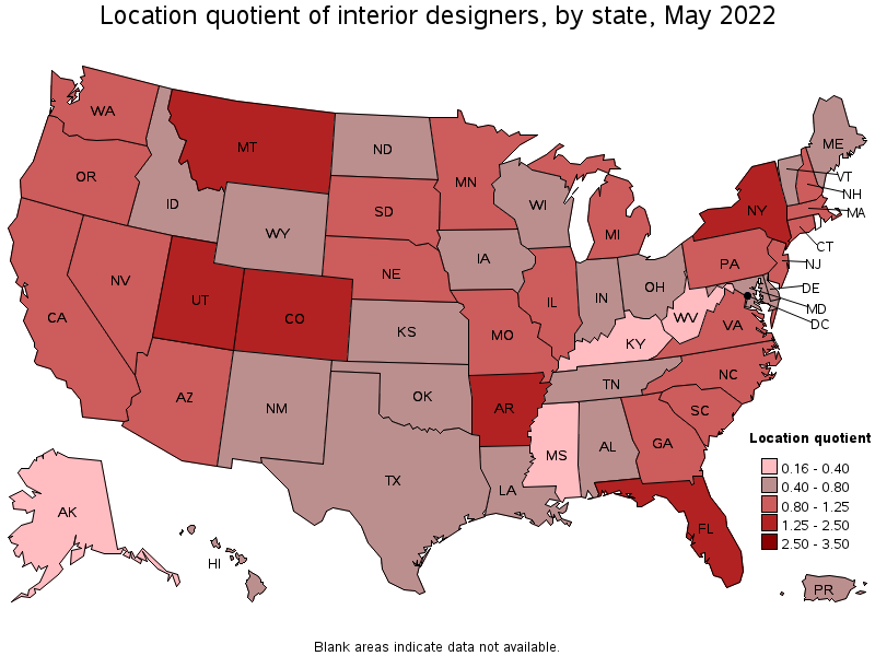 Map of location quotient of interior designers by state, May 2022