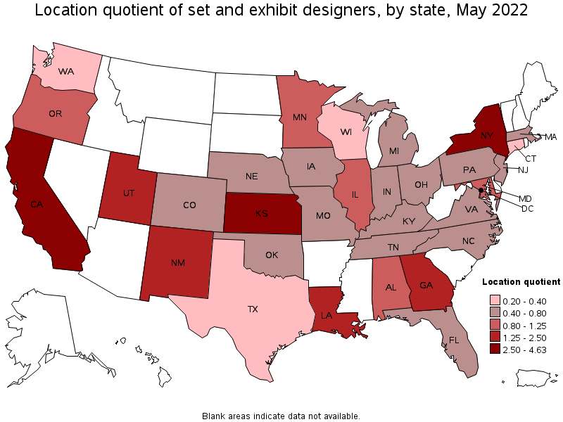 Map of location quotient of set and exhibit designers by state, May 2022