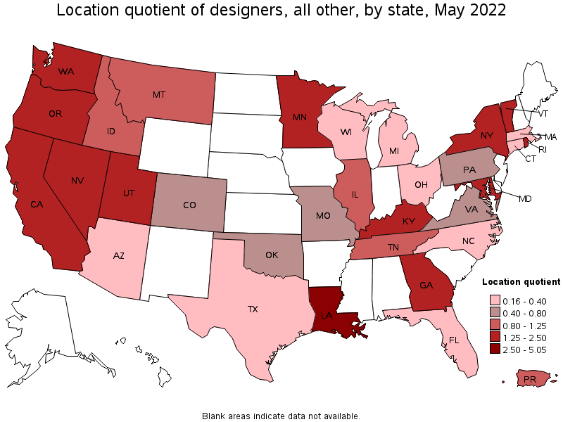 Map of location quotient of designers, all other by state, May 2022
