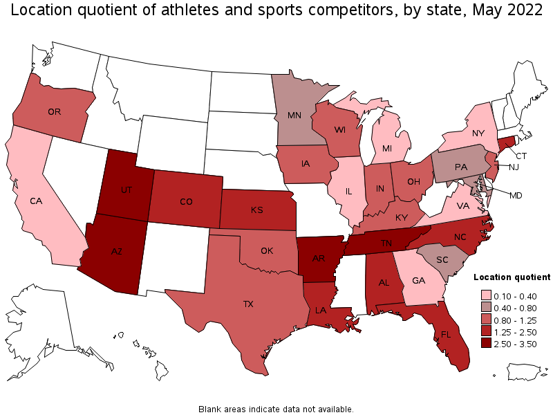 Map of location quotient of athletes and sports competitors by state, May 2022