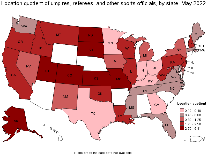 Map of location quotient of umpires, referees, and other sports officials by state, May 2022