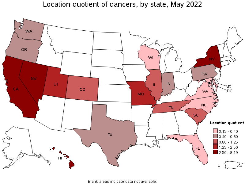 Map of location quotient of dancers by state, May 2022