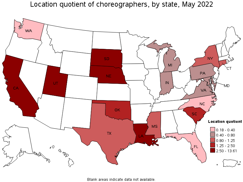 Map of location quotient of choreographers by state, May 2022