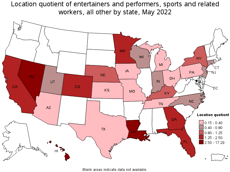 Map of location quotient of entertainers and performers, sports and related workers, all other by state, May 2022