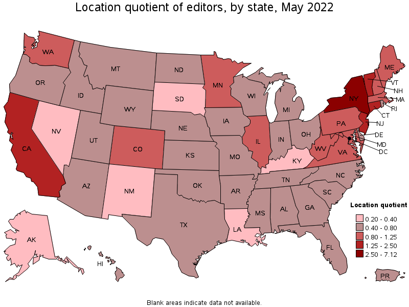 Map of location quotient of editors by state, May 2022
