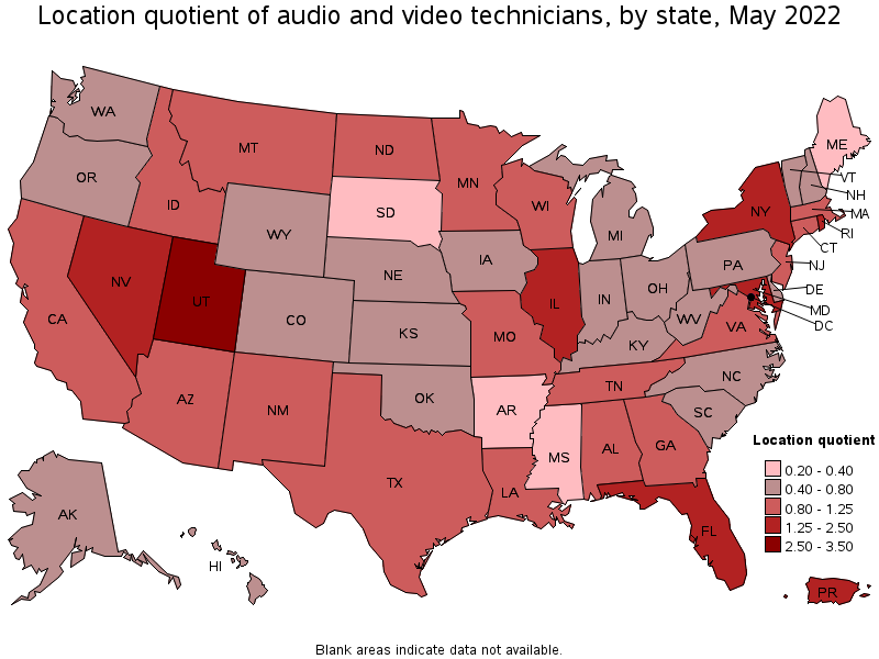 Map of location quotient of audio and video technicians by state, May 2022