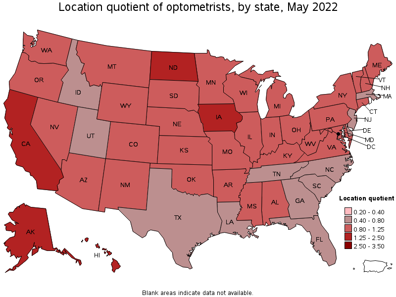 Map of location quotient of optometrists by state, May 2022