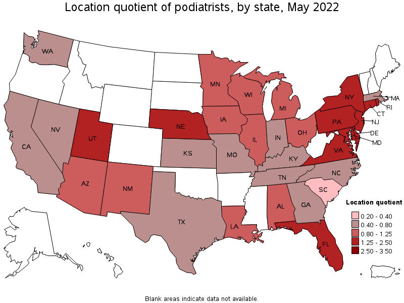 Map of location quotient of podiatrists by state, May 2022