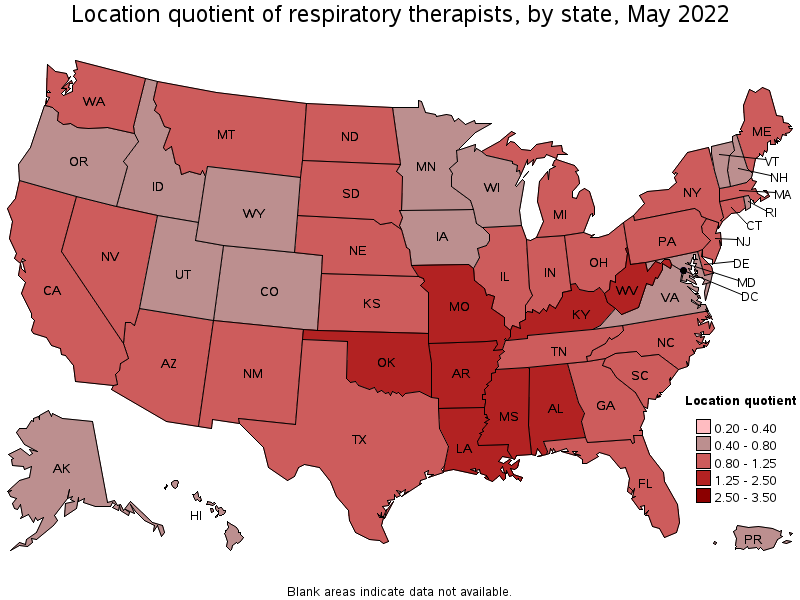 Map of location quotient of respiratory therapists by state, May 2022