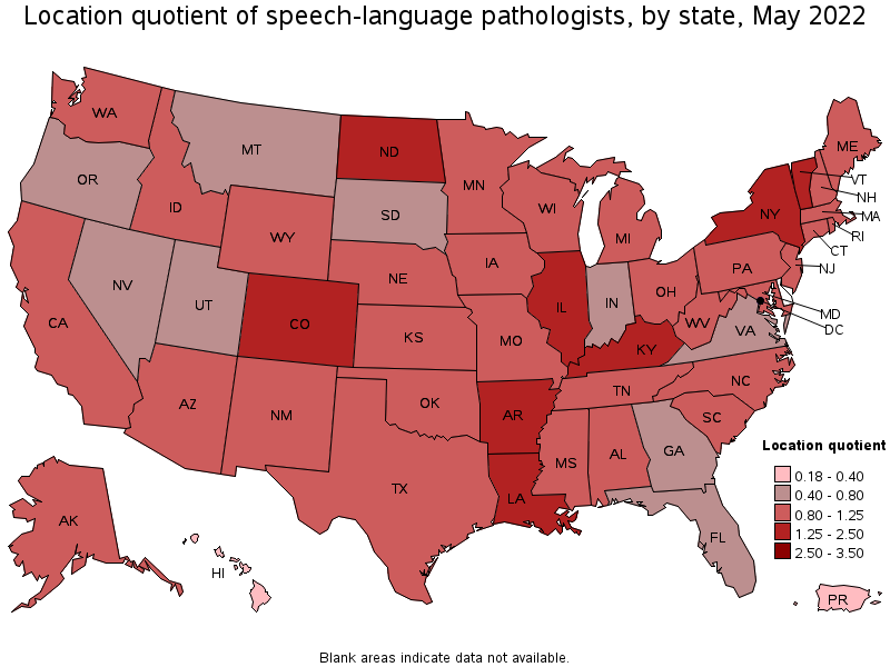 Map of location quotient of speech-language pathologists by state, May 2022