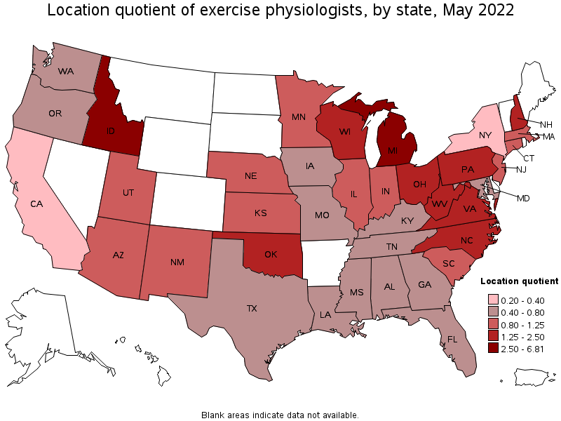 Map of location quotient of exercise physiologists by state, May 2022