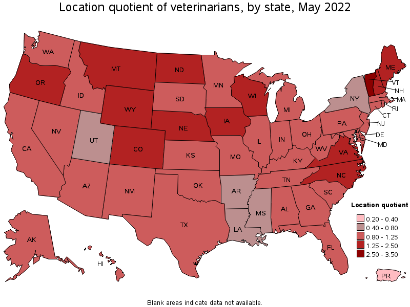 Map of location quotient of veterinarians by state, May 2022