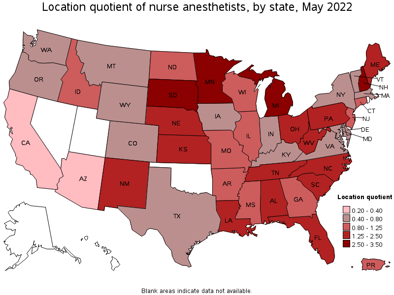 Map of location quotient of nurse anesthetists by state, May 2022