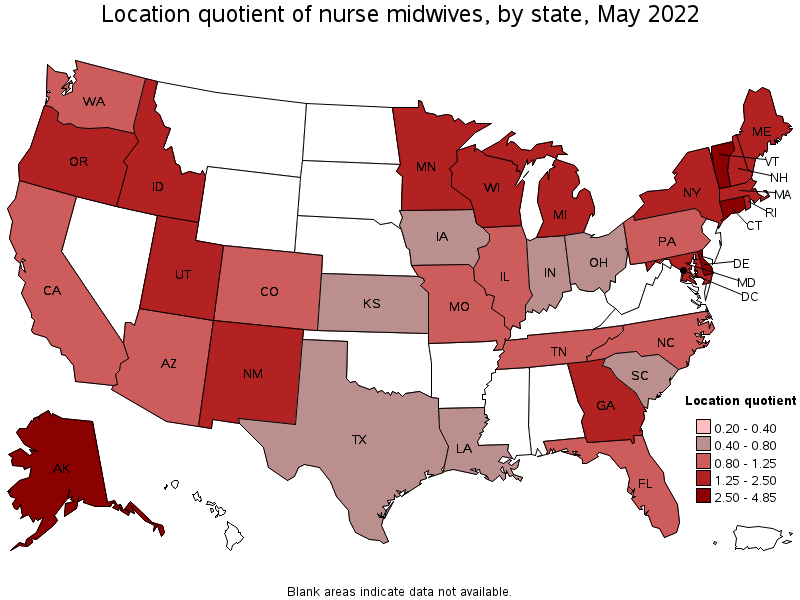 Map of location quotient of nurse midwives by state, May 2022