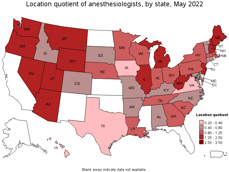 Map of location quotient of anesthesiologists by state, May 2022