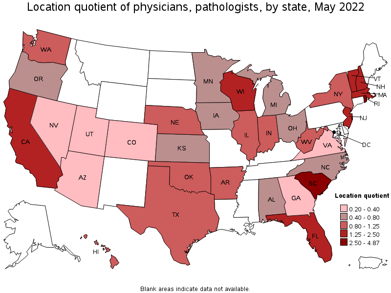 Map of location quotient of physicians, pathologists by state, May 2022
