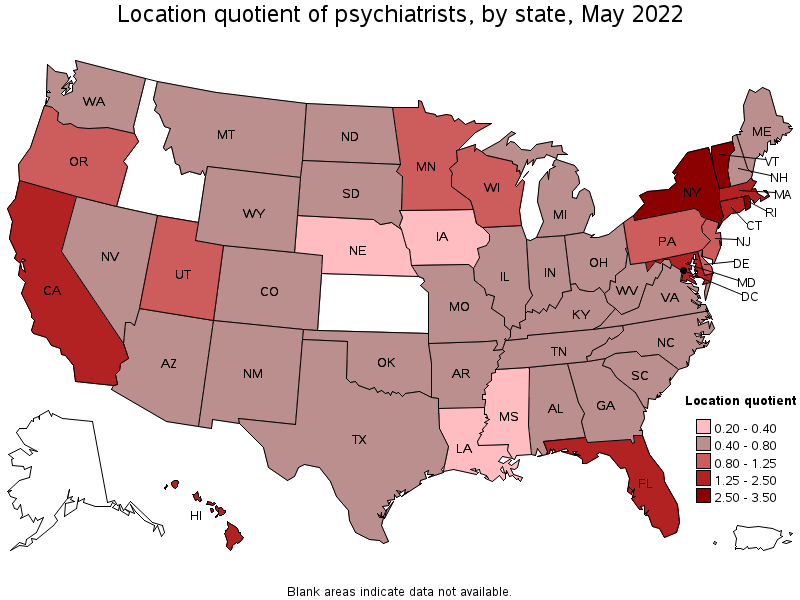 Map of location quotient of psychiatrists by state, May 2022