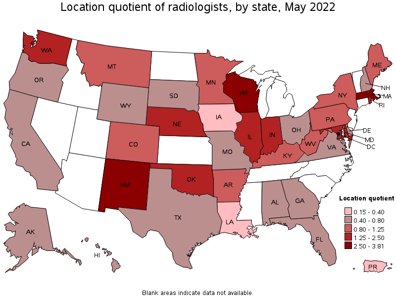 Map of location quotient of radiologists by state, May 2022