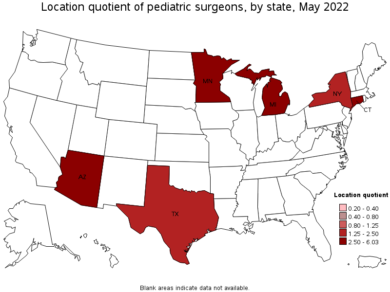 Map of location quotient of pediatric surgeons by state, May 2022