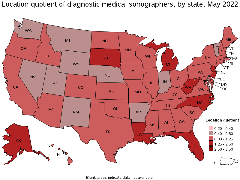 Map of location quotient of diagnostic medical sonographers by state, May 2022