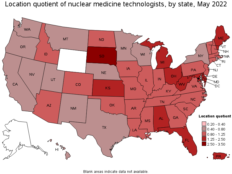 Map of location quotient of nuclear medicine technologists by state, May 2022