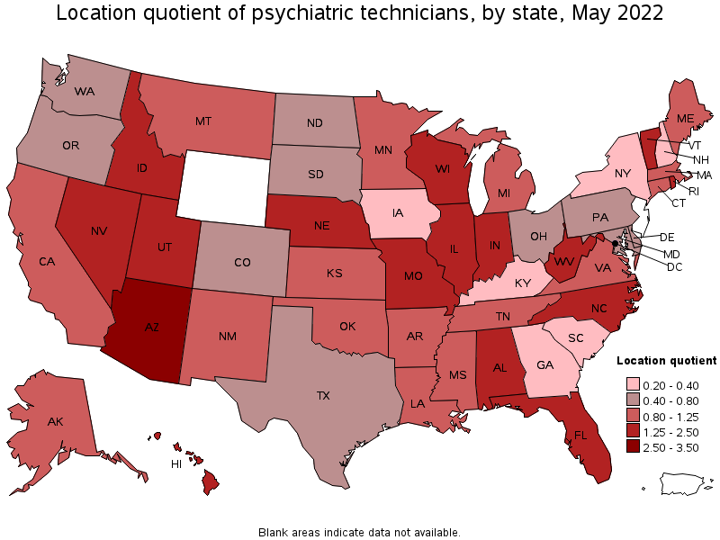 Map of location quotient of psychiatric technicians by state, May 2022