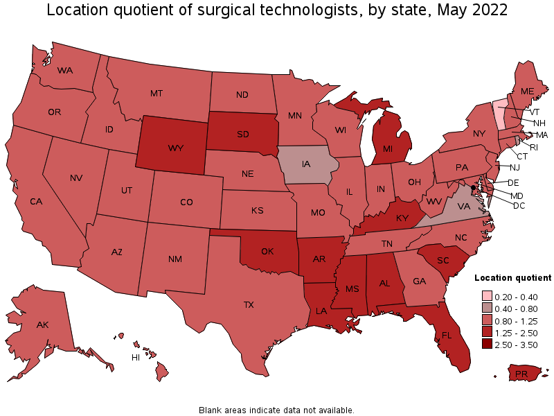 Map of location quotient of surgical technologists by state, May 2022