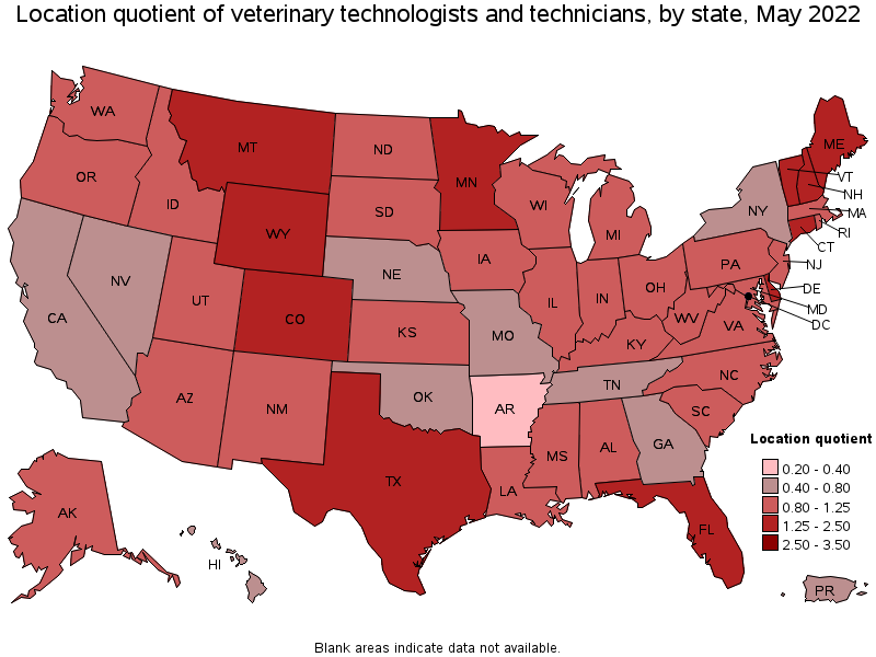 Map of location quotient of veterinary technologists and technicians by state, May 2022