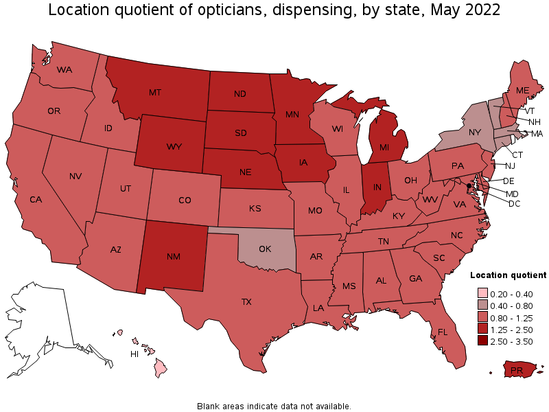 Map of location quotient of opticians, dispensing by state, May 2022