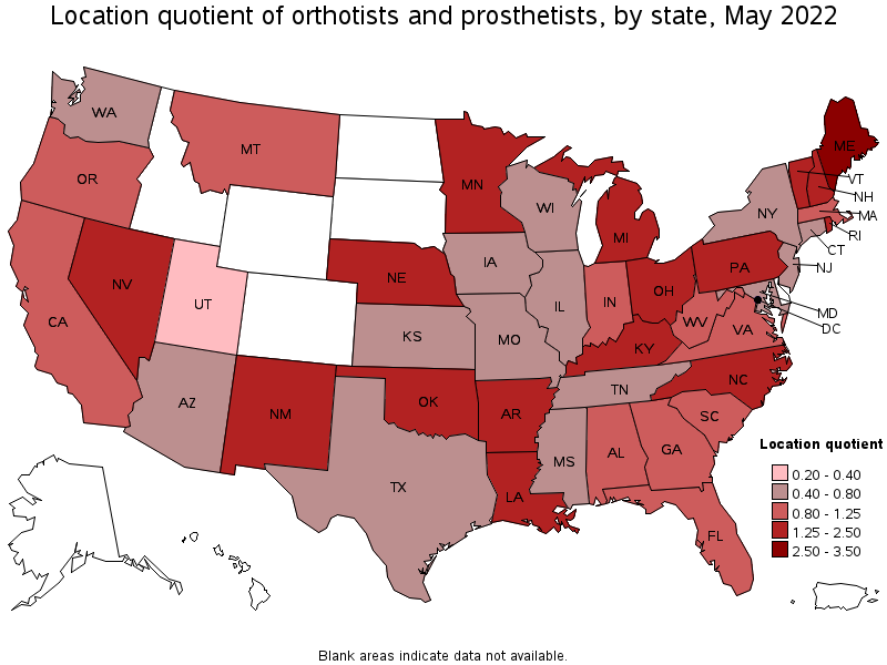 Map of location quotient of orthotists and prosthetists by state, May 2022