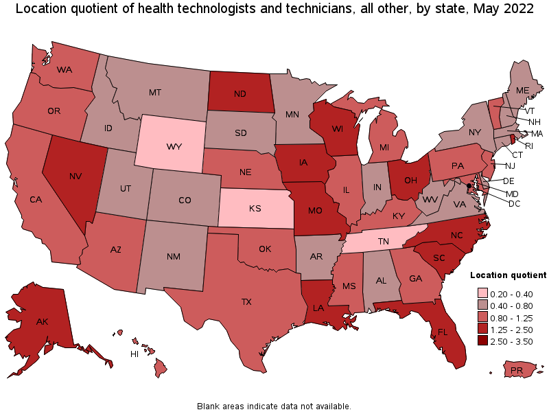 Map of location quotient of health technologists and technicians, all other by state, May 2022