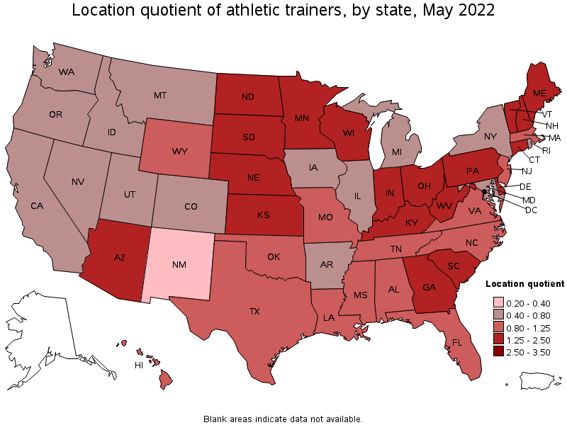 Map of location quotient of athletic trainers by state, May 2022