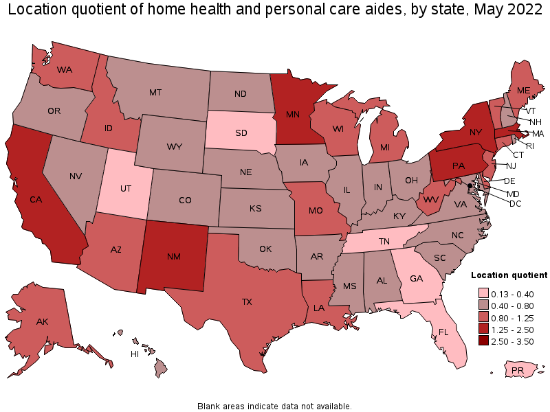 Map of location quotient of home health and personal care aides by state, May 2022